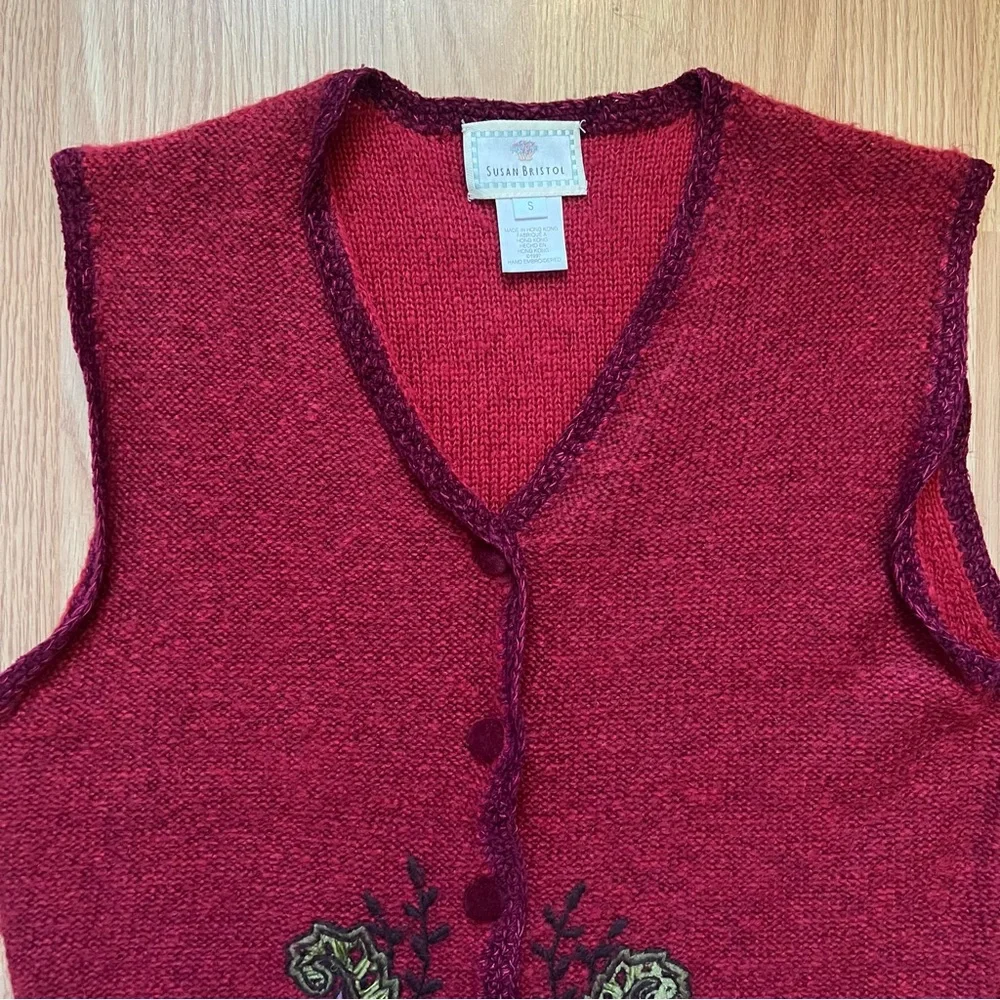 Vintage 90s Susan Bristol Wool Blend Sweater Vest Hand Embroidered Womens Size S